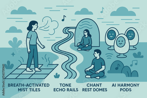 Illustration of futuristic wellness features including breath-activated mist tiles, tone echo rails, chant rest domes, and AI harmony pods, with a peaceful atmosphere.