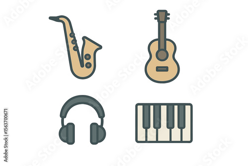 Musical instruments and accessories displayed in a creative arrangement