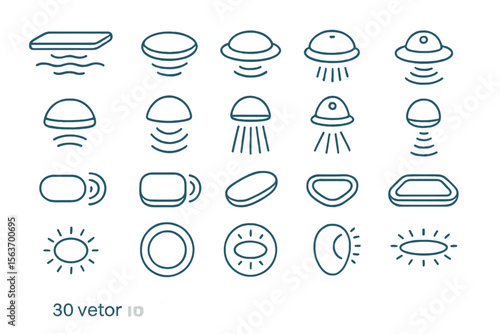 Minimalist icon set of glowing pods, hover platforms, and light signals