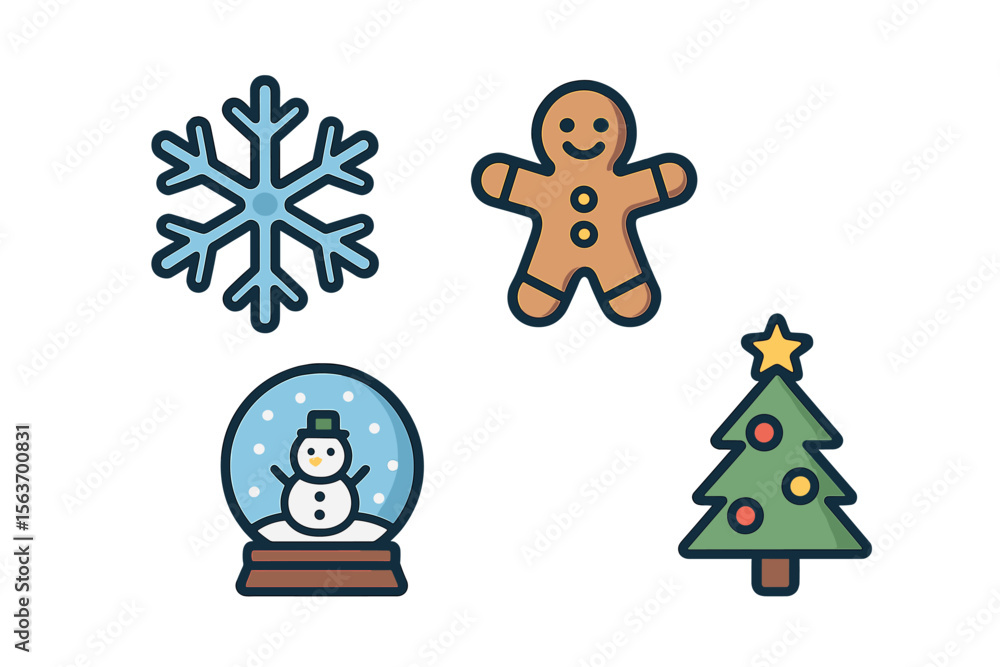 Fototapeta premium Festive winter decorations featuring snowflakes, gingerbread, a snow globe, and a Christmas tree
