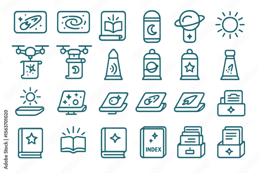 Fototapeta premium Sci-fi themed icon set with drones, books, planets, and star maps
