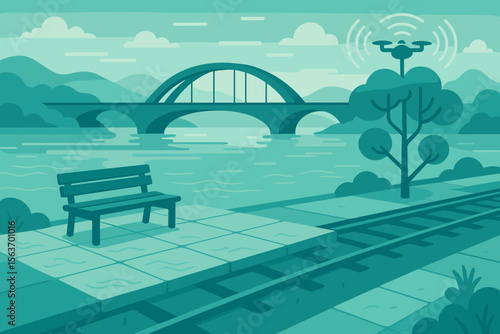Futuristic riverside scene with drone, bench, and arched bridge