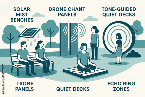Concept design showcasing modern public spaces with solar mist benches, drone chant panels, and tone-guided quiet decks.