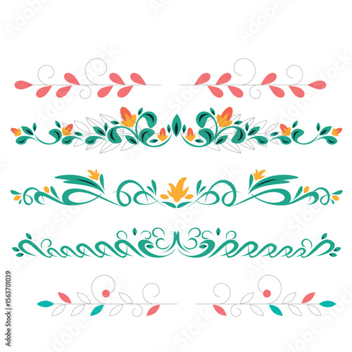Five decorative floral line border patterns in varied styles with leaves buds and curls on white