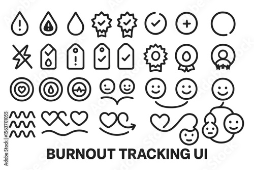 Burnout tracking UI icons with mood, health, and progress symbols