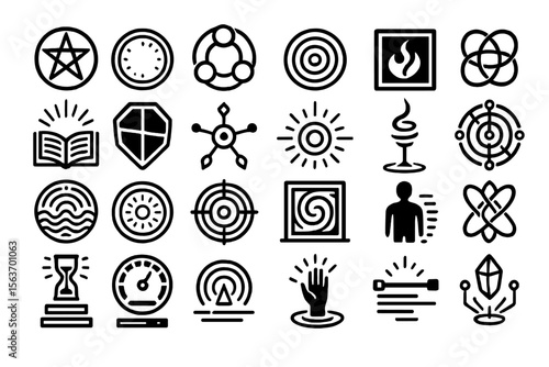 Set of mystical and symbolic icons with abstract shapes and energy themes.
