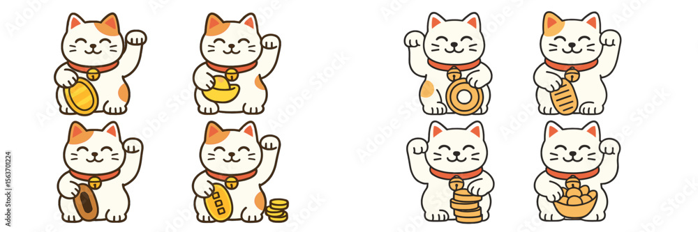 Fototapeta premium Charming cat illustrations showcasing various activities related to luck and prosperity in a playful manner