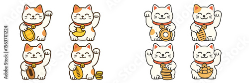 Charming cat illustrations showcasing various activities related to luck and prosperity in a playful manner