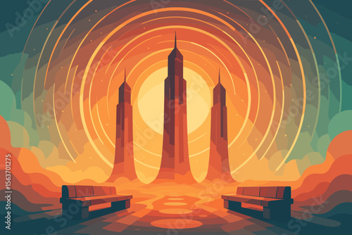 Surreal cityscape with glowing towers and sunset spiral