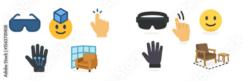 Virtual reality tools and icons illustrate immersive technology for interactive experiences easily recognized by users