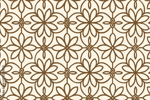 Seamless floral lattice pattern with brown line art on cream background