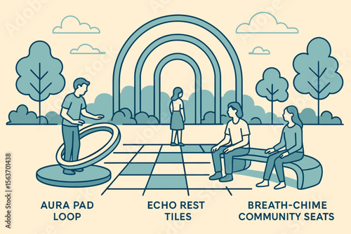 Futuristic park scene with echo tiles, aura pad, and curved community seating