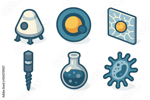 Colorful illustrations showcasing various scientific concepts and objects related to space and biology