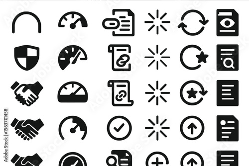 Dark monochrome icon set with symbols for documents, speed, updates, and sharing