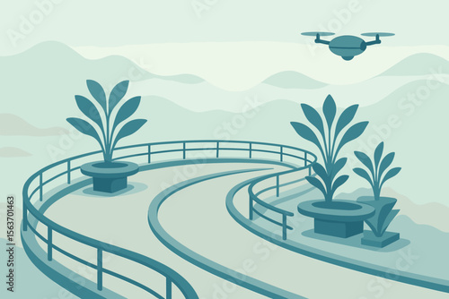Futuristic sky path with railings, potted plants, and hovering drone