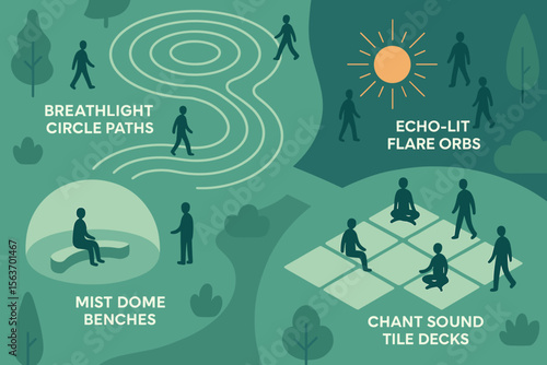 Conceptual park layout with labeled paths, orbs, benches, and chant decks