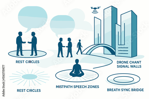 Futuristic cityscape with labeled rest zones, drone signals, and speech circles