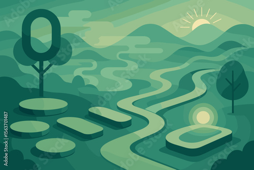 Stylized green landscape with winding path, symbolic trees, and sunrise