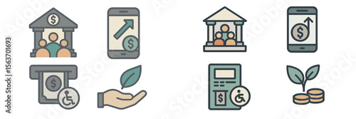 Icons representing online banking, mobile transactions, and financial services with a focus on accessibility and sustainability in finance