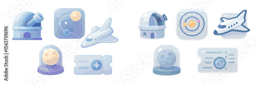 Collection of space-themed icons representing exploration and celestial bodies in various designs and styles