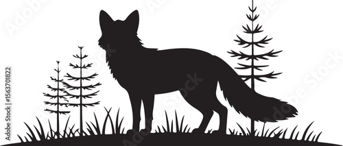 Wild horse and foal, kangaroo, and other mammals like wolf, donkey, deer, dog, and pony are illustrated in black vector silhouettes, isolated in nature