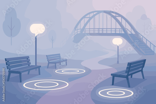 Serene park scene with benches, glowing lights, and a foggy bridge.