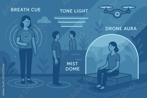 Illustration of wellness features with a person engaging in breathing exercises, tone light cues, and sitting inside a mist dome, with a drone providing aura support.