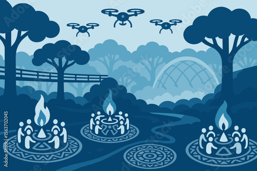 Futuristic campfire gatherings in forest with drones flying overhead