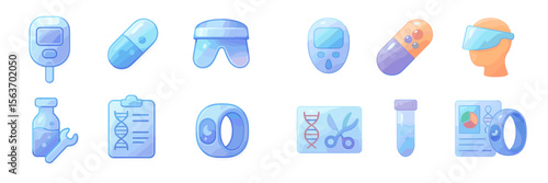 Collection of medical and healthcare icons representing various tools and technologies used in patient care and diagnostics