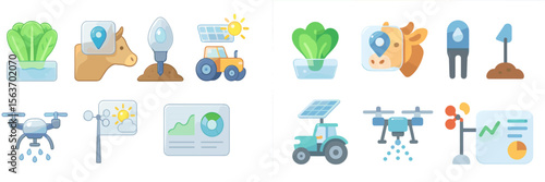 Illustrations depicting agricultural technologies and activities for sustainable farming practices in a modern setting