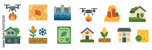 Collection of icons representing environmental hazards, technology, and agricultural concepts highlighting various themes of modern challenges