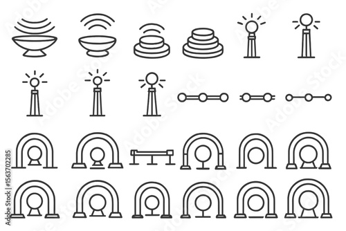 Set of icons depicting futuristic ceremonial landing markers, including signal towers, arches, and platform designs.