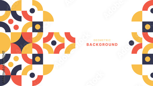 Geometric design with circular and square shapes in yellow coral and navy on a white background