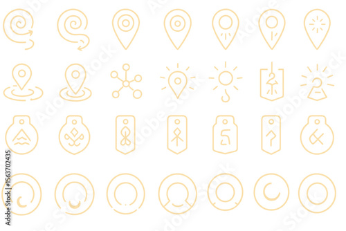 Minimal glowing icon set with location markers, glyph tags, and spiral rings