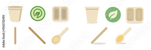 Illustrations of eco-friendly packaging options with natural materials and utensils displayed on a light backdrop