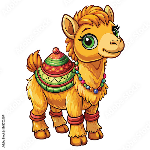 Cute cartoon camel with colorful decorative hump and leg bands