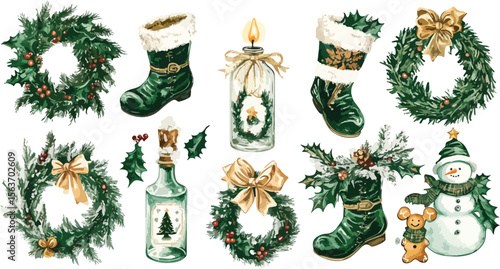 Elegant Christmas Watercolor Set with Wreaths Boots Candle Snowman and Bottle for Festive Holiday Designs