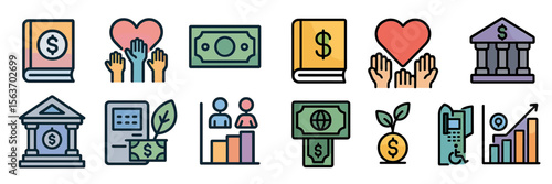 Financial literacy illustrations showing hands and hearts, money symbols, and banking activities in a colorful style