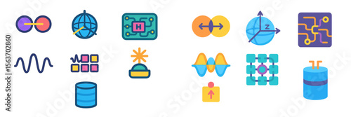 Colorful illustrations of technology and science concepts with symbols representing data, systems, and processes