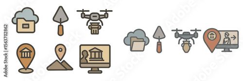 Icons representing digital mapping, drone technology, and archaeological tools for modern site exploration and documentation
