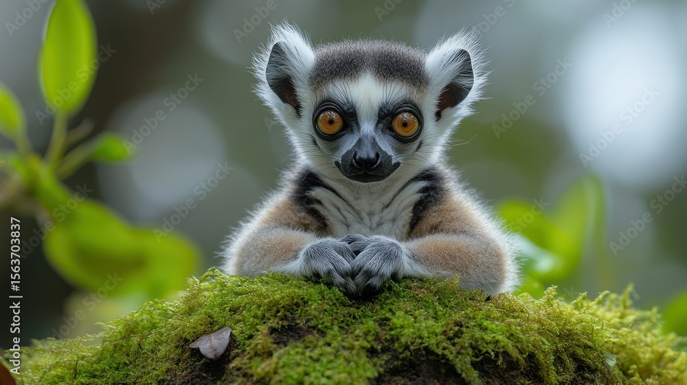 Obraz premium Ring-tailed lemur baby on moss, bright eyes
