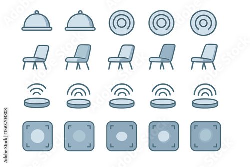 Futuristic UI icons of chairs, lights, sensors, and smart platforms