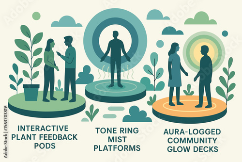 Futuristic illustration of people interacting on tech-enabled platforms