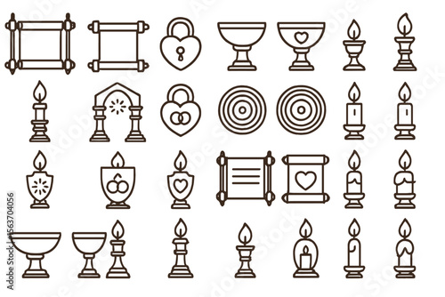 Set of romantic and ceremonial line icons on a warm brown background
