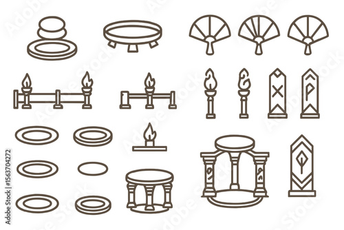 Set of mystical and ceremonial icons including candles, ritual pillars, and altars.