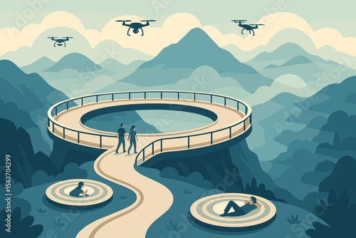 Futuristic scenic walkway with people relaxing in circular pods and drones flying in a mountainous landscape.