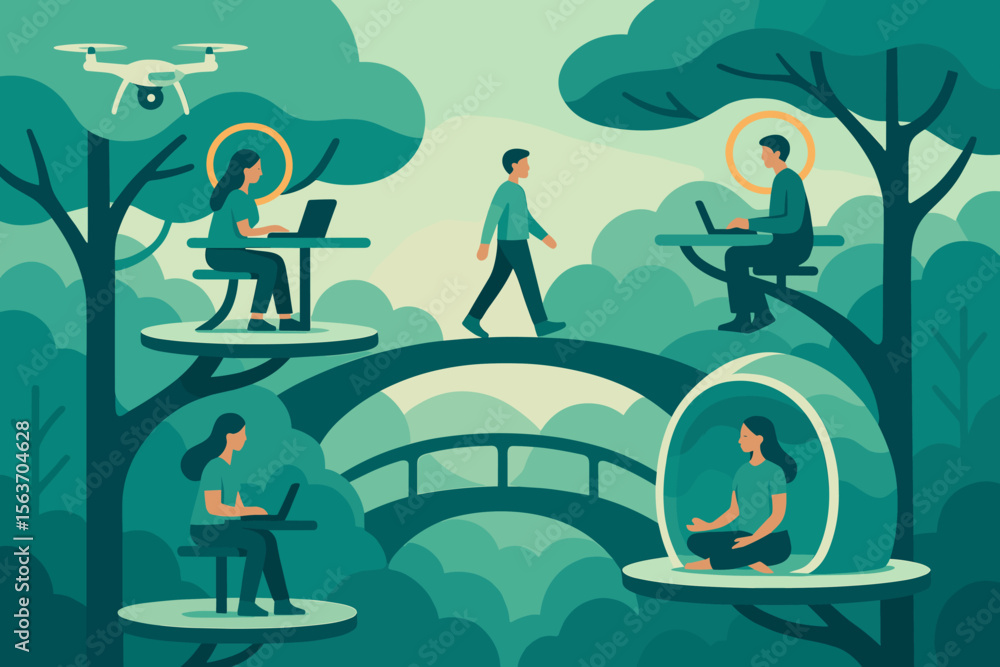 Obraz premium Futuristic workspace in nature with floating platforms, drones, and peaceful workspaces, showing individuals using laptops and meditating in a serene environment.