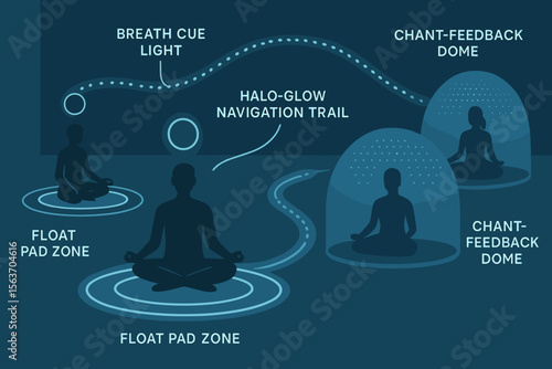 Futuristic meditation space with labeled zones, lights, and chant domes