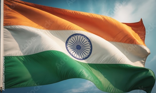 India Flag Waving on Blue Sky Background