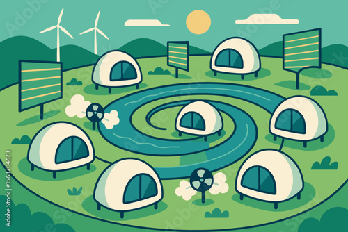 Illustration of a circular eco village with domes, wind turbines, and solar panels